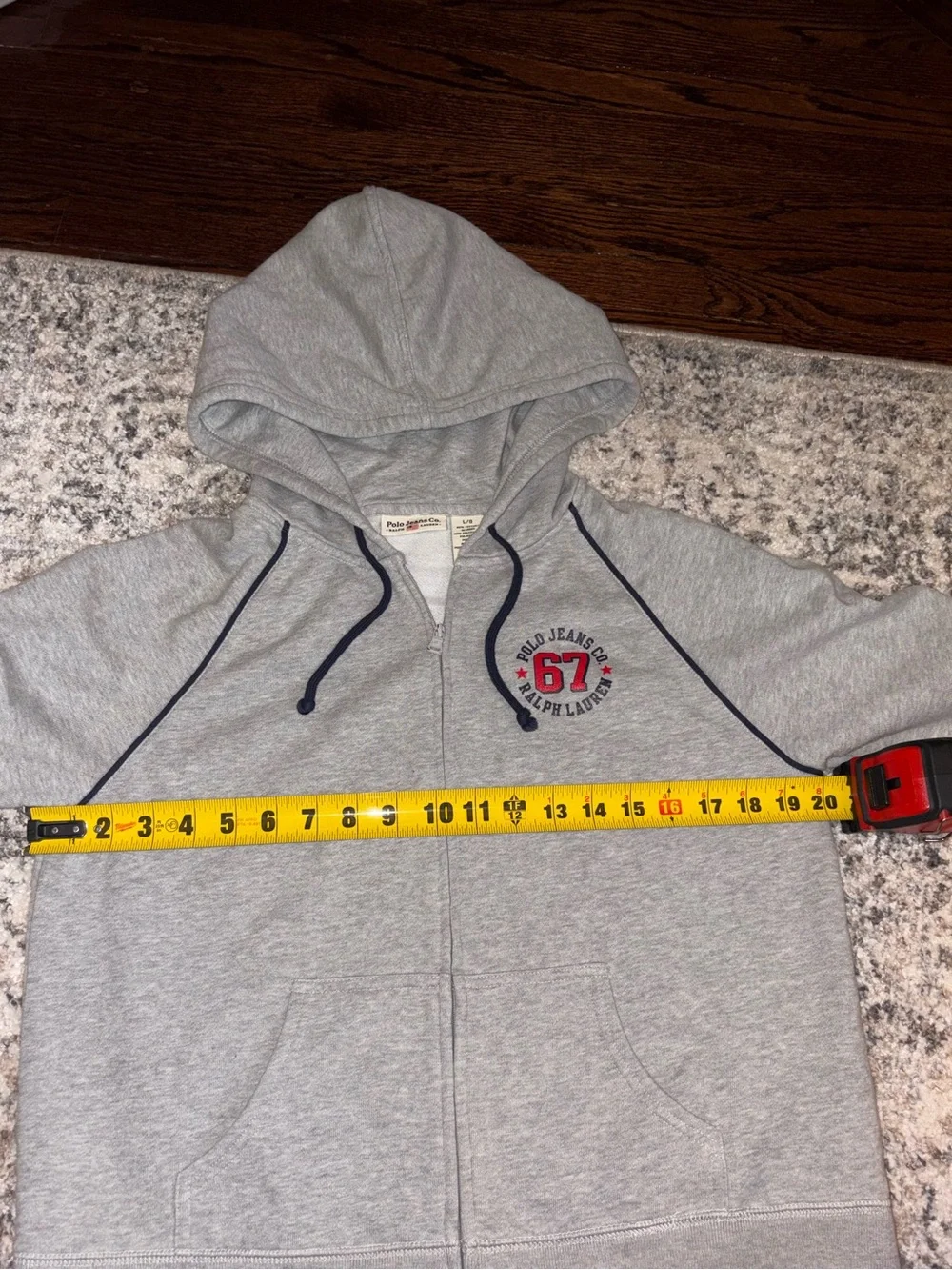 Ralph Lauren Polo Jeans Co Gray Zip Hoodie with Navy Trim and Red 67 Logo